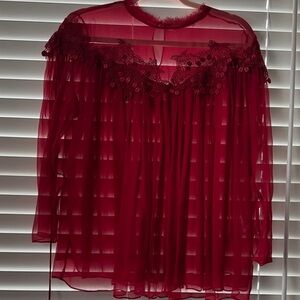 Chloe Sheer Lace Yoke Long-Sleeve Blouse in deep Red